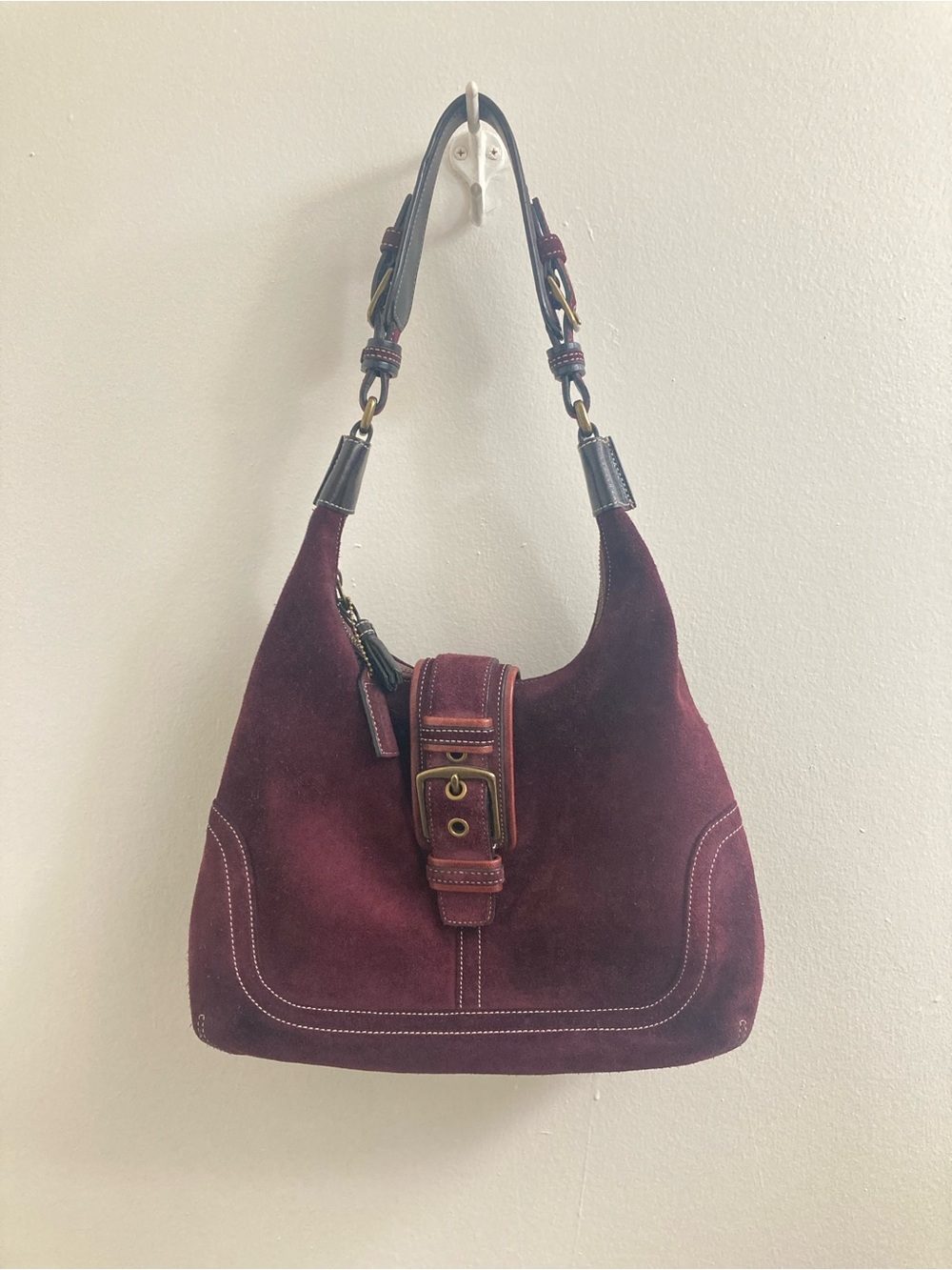 Coach Wine Suede Shoulder Hobo with Leather Trim